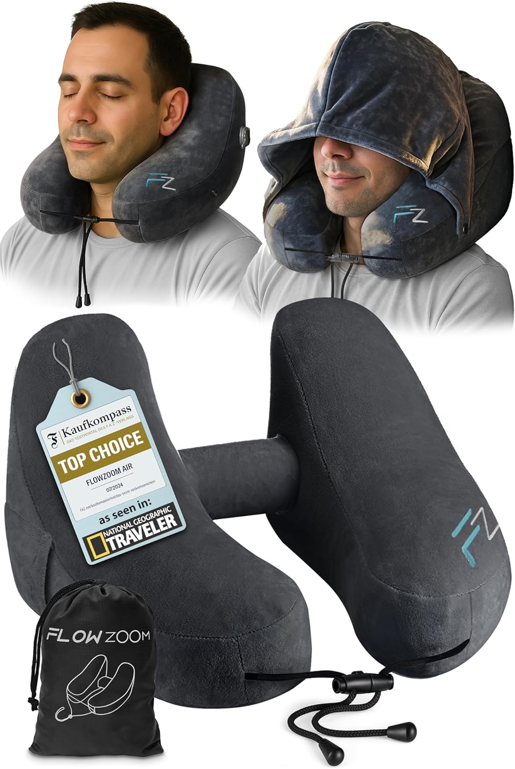 Air Inflatable Neck Pillow for Traveling on Plane - H-Shape Hooded Airplane Pillow with 5 Snooze Modes, Fast Inflation, Pressure Control, Cozy Clip-On Hood & Plushy Cover - Size L, Jet Black