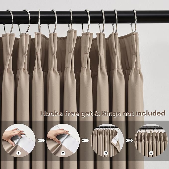 KEQIAOSUOCAI Pleated Blackout Curtain Drapes for Window 90" L - Triple Weave Energy Saving Solid Pinch Pleat Hook Thermal Room Divider Blackout Panels for Patio (72" Wide per Panel, 2 Panels, Khaki)-BubblyBeeBaby
