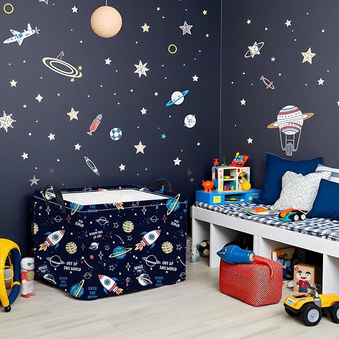 HIYAGON Rectangular Space Basket for Boys Baby Storage Basket Storage Bin Organizer Box Room Decor(Rocket Planet)-BubblyBeeBaby