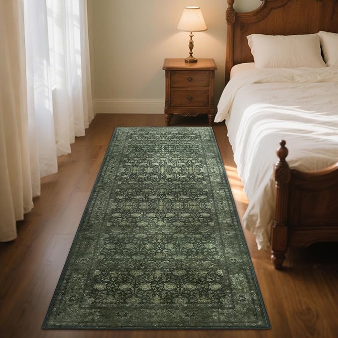 2'6x8' Washable Runner Rug for Hallway, Non Slip Vintage Floral Long Carpet Runners for Entryway, Kitchen, Bathroom, Bedroom, Low Pile Laundry Rugs Rubber Backing (Distressed Green)-BubblyBeeBaby