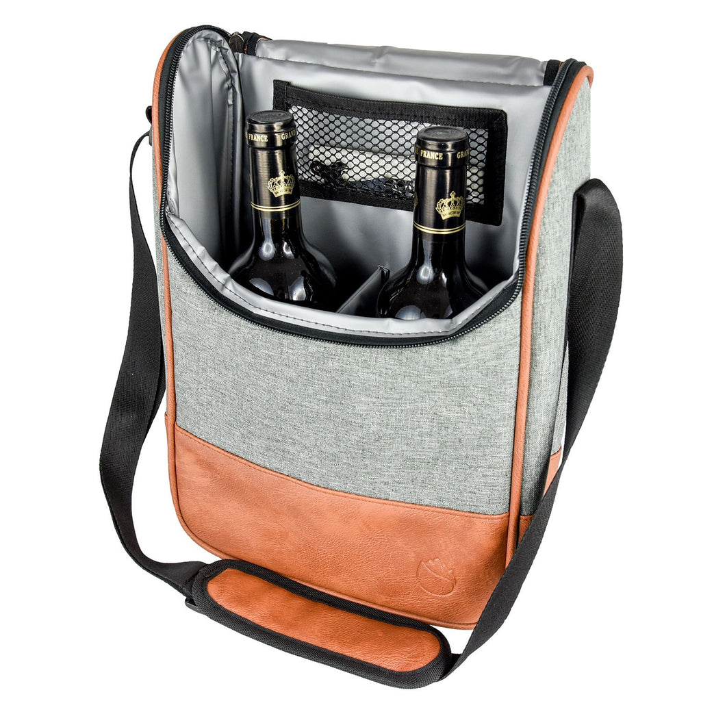 Freshore® Wine Leather Tote Cooler Insulated Bag - Luxury 2 Bottle Carrier Design For Lunch/Travel - Idea Gift For Women/Man (Reserve Place For Corkscrew Opener, Light Brown)