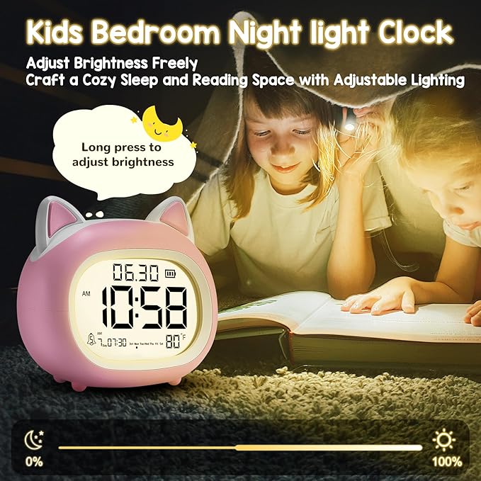 Kids Alarm Clock with Night Light for Kids, Small Digital Alarm Clocks for Bedrooms, Routine Builder, Cute Cat Alarm Clock with Sleep Training, Snooze, 12/24H, Date & Day, Temperature, USB Port-BubblyBeeBaby