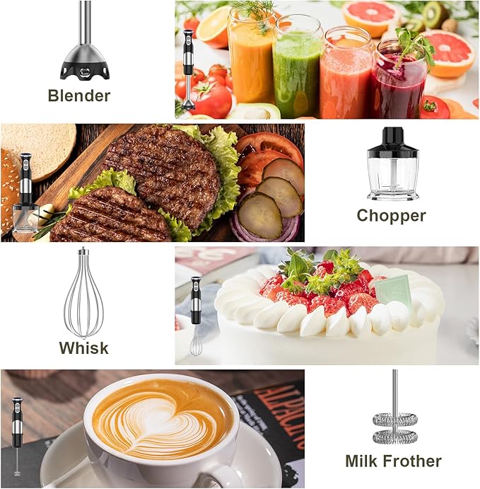 Immersion Blender Handheld 5 in 1-1100W Scratch Resistant Blender Stick, 12 Speed and Turbo Boost Hand Blender with Chopper Beaker Whisk and Milk Frother for Milkshake Puree Smoothie Food-BubblyBeeBaby