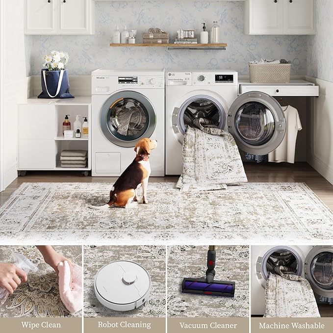 jinchan Hallway Runner Rug 2x10 Machine Washable Runner Rug Taupe Vintage Floral Design Non-Slip Ultra-Thin for Kitchen Laundry Room Bedroom Farmhouse (2‘x10',Taupe)-BubblyBeeBaby