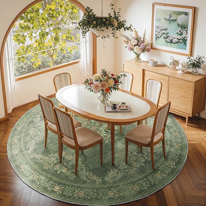 jinchan Round Rug 7ft Area Rugs,Vintage Floral Distressed Design Machine Washable Soft Non-Slip Low-Pile Ultra-Thin Circle Rug for Living Room Dining Room Bedroom Home Office (7' Round,Dark Green)-BubblyBeeBaby