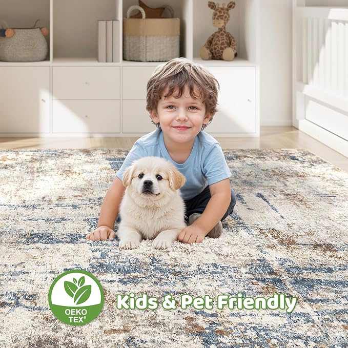 10x12 Area Rug Living Room: Washable Large Abstract Modern Soft Rugs Stain Resistant Indoor Floor Non Slip Accent Carpet for Bedroom Nursery Playroom Office Dining Room Dorm Home House- Tan Blue-BubblyBeeBaby