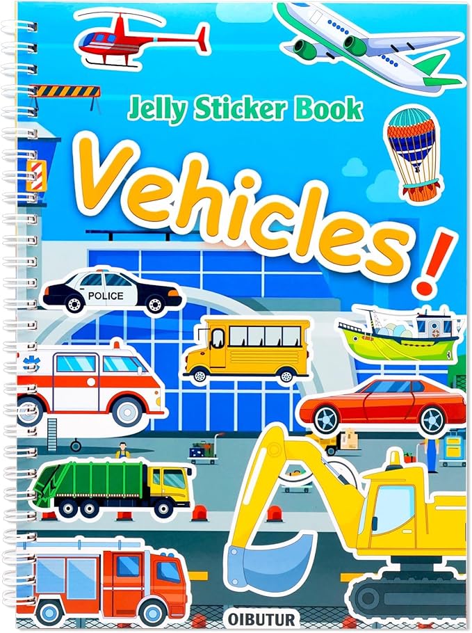 Jelly Sticker Books for Toddlers 2-4 Years, Reusable Sticker Book for Kids 1-3, Toddler Travel Essentials Vehicles Stickers for Kids Toddler Plane Activities (Vehicles)-BubblyBeeBaby