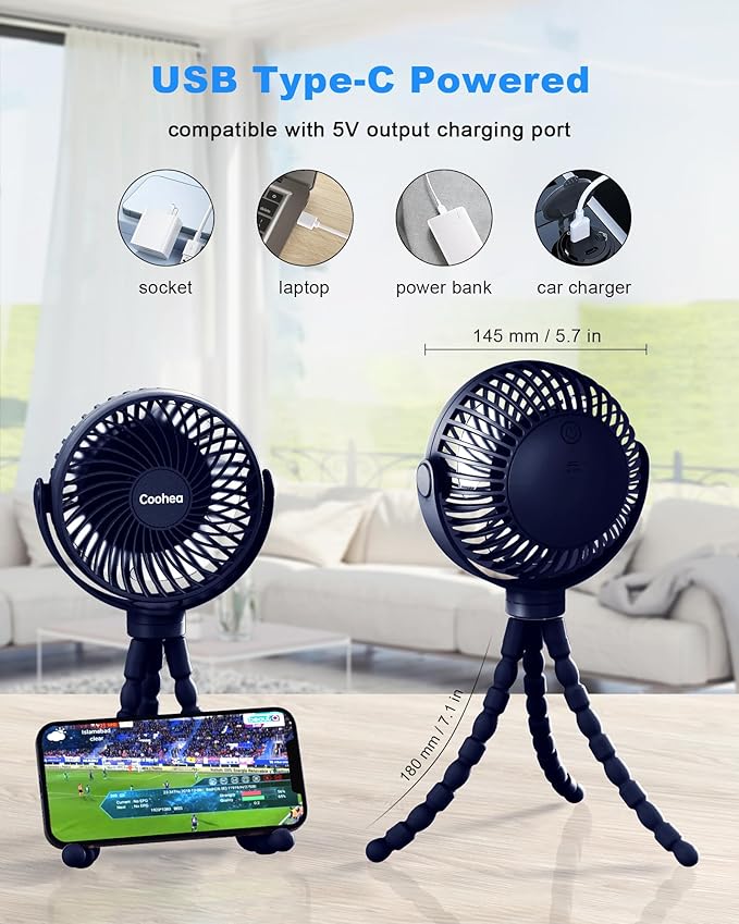 Stroller Fan Clip on for Baby, 4000mAh Rechargeable Battery Operated, Flexible Tripod, 3 Wind Speed, 360° Rotatable, Small Cooling Portable Fan for Car Seat Crib Golf Cart Treadmill, Navy Blue-BubblyBeeBaby