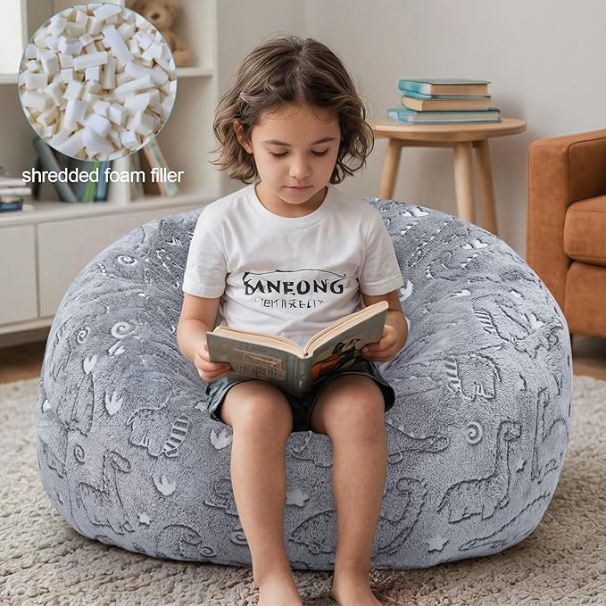 Kids Bean Bag Chair Turn into Beanbag Bed, Dinosaur Toddler Bean Chair for Girl Boy Sleeping, Lazy Children Bean Bags with Filler, Convertible Child Floor Mattress, Grey Dino-BubblyBeeBaby