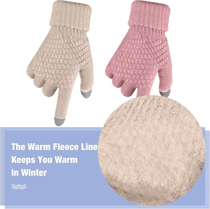 Geyoga 2 Pairs Women's Winter Touch Screen Gloves Soft Warm Fleece Lined Knit Elastic Cuff Winter Texting Gloves-BubblyBeeBaby