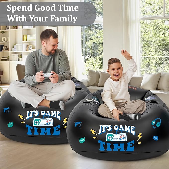Inflatable Gaming Chair for Kids, Floor Bean Bag Chair for Teens - Boys Room Furniture with Cup Holder and Side Pocket, Inflatable Gaming Couch for Boys Room, Cool Kids Blow Up Couch Decor for Teens-BubblyBeeBaby