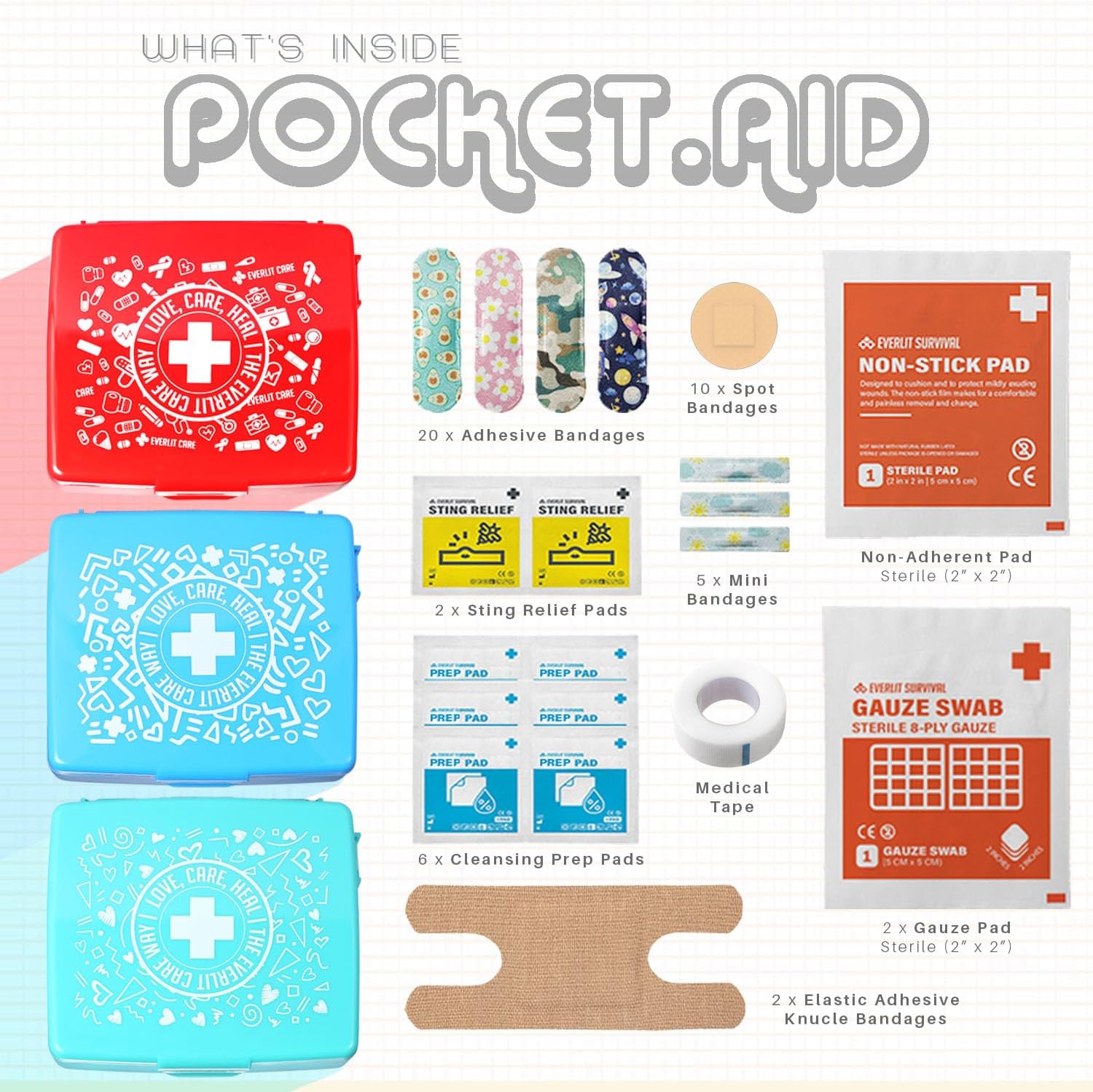 EVERLIT Pocket-Aid Mini First Aid Kit | Compact, Portable Hard-Shell Cases of 50 Items | Cuts, Scrapes, Wound Care Essentials for Travel, Outdoor, School, Camping, Home, Office (24 Packs | 1200 Pcs)