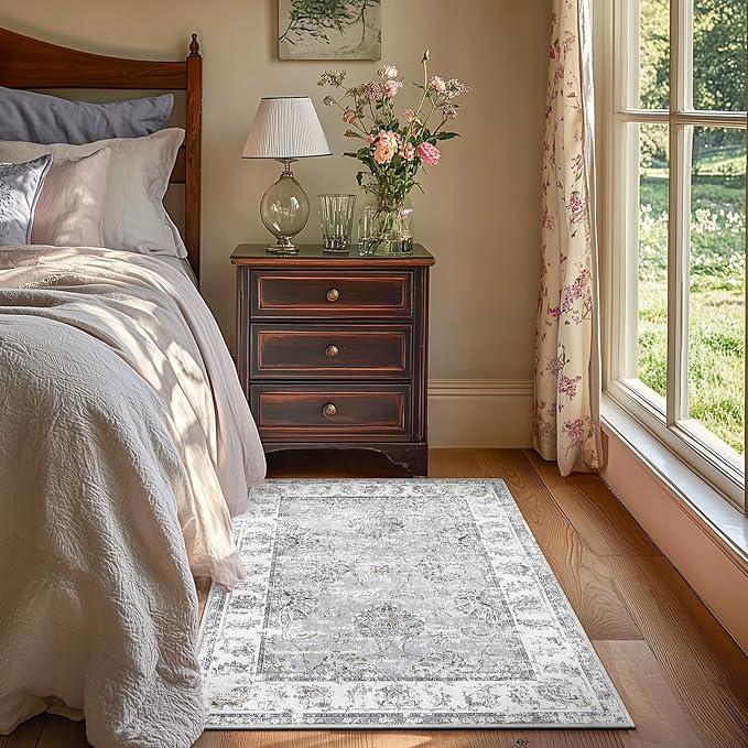 jinchan Floral 3x5 Area Rugs for Entryway - Machine Washable Taupe Vintage Distressed Design Doormat Non-Slip Ultra-Thin Low Pile Boho Rug for Kitchen Living Room Bedroom Farmhouse (3‘x5',Grey)-BubblyBeeBaby