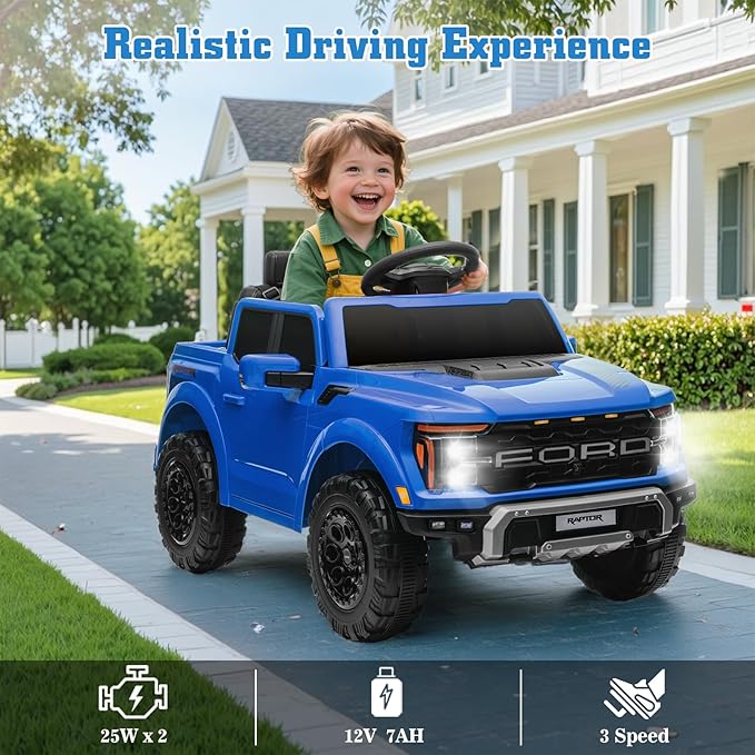 12V Ride on Car Licensed Ford F-150 Raptor, Kids Electric Car with Remote Control, LED Light/Music/MP3, Truck Bed Storage, 3-Point Seat Belt (12V, Blue)-BubblyBeeBaby