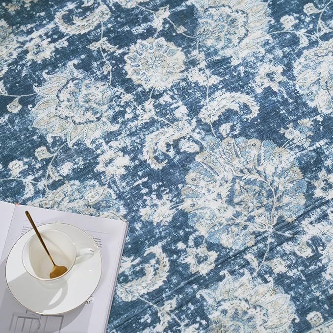 jinchan Round Rug 7ft Area Rug - Dark Blue Vintage Floor Mat Kitchen Indoor Ultra-Thin Soft Floral Print - Washable Circle 7' Retro Accent for Farmhouse Non Slip Dining Room Living Room Bedroom Office-BubblyBeeBaby