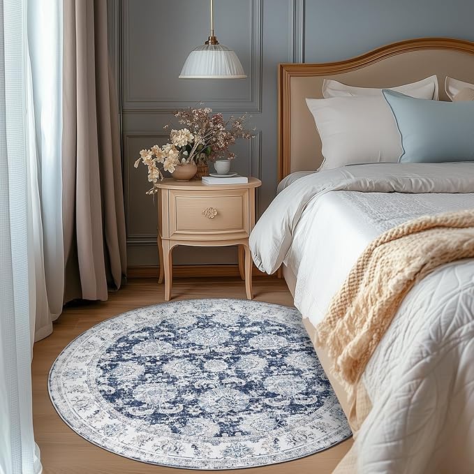 jinchan Round Rug 6ft Area Rugs Vintage Floral Distressed Design - Machine Washable Non-Slip Low-Pile Ultra-Thin Circle Rug for Entryway Bedside Living Room Dining Room Bedroom (6' Round,Dark Blue)-BubblyBeeBaby