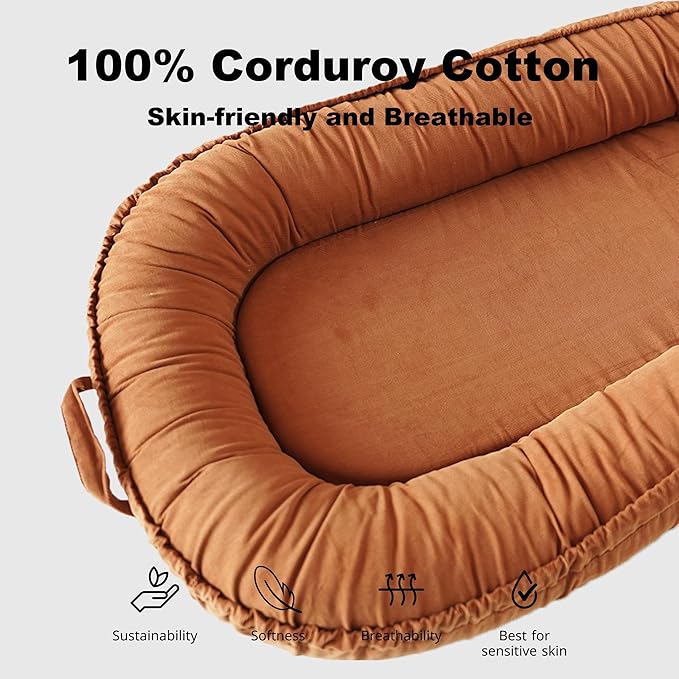 Infant Lounger, Baby Nest Cover for Baby Girls & Boys, Newborn Essentials for Baby 0-18+ Months, 100% Cotton Breathable (GoldenBrown, Corduroy)-BubblyBeeBaby