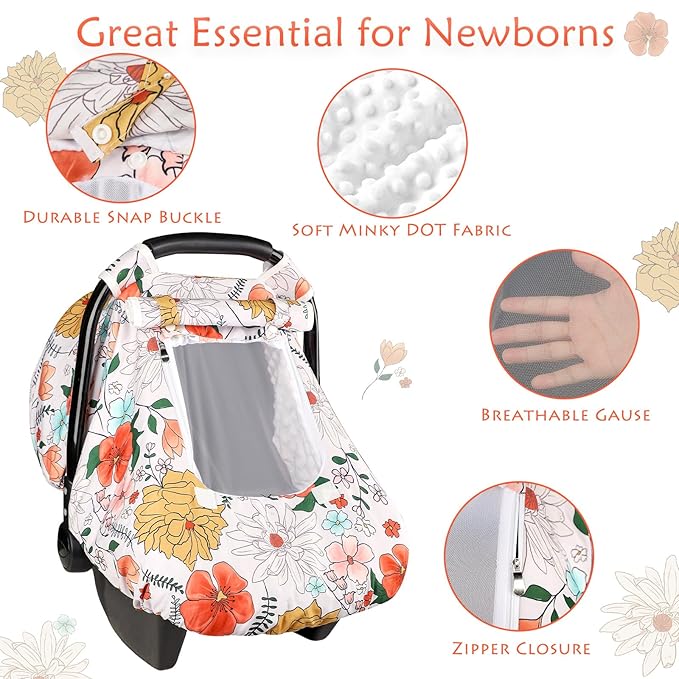 Baby Carseat Cover Girls, Pea Pod Infant Car Seat Covers Canopy for Newborn with 2 Layers Windows of Breathable Mesh/Fabric, Lightweight Polyester/Minky Dot Backing, Snug Fit Most Baby Car Seat-BubblyBeeBaby