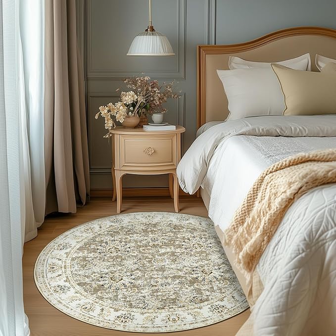 jinchan Round Rug 6ft Area Rugs Vintage Floral Distressed Design - Machine Washable Non-Slip Low-Pile Ultra-Thin Circle Rug for Entryway Bedside Living Room Dining Room Bedroom (6' Round,Taupe)-BubblyBeeBaby
