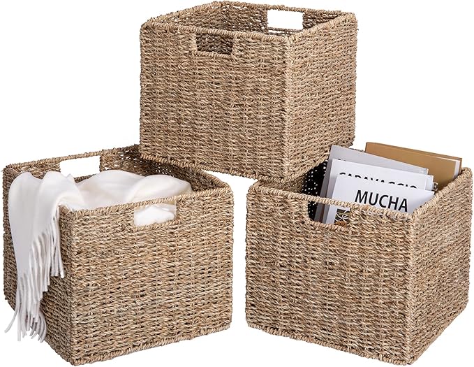 12x12x10in Seagrass Storage Baskets Set of 4, Large Wicker Storage Basket, Decorative Seagrass Shelf Basket, Pantry Baskets Organization,Folding Storage Cube Bins-BubblyBeeBaby