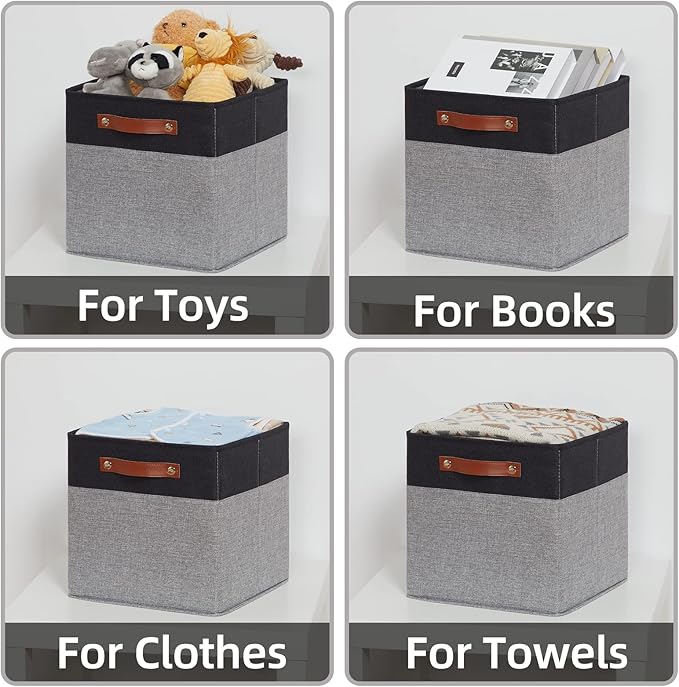 HNZIGE Cube Storage Baskets,Fabric Storage Cubes 12 x 12, Set of 4,Decorative Storage Baskets for Organizing with Handles,Closet Bins for Shelf Organizer Home Toy Nursery Closet(Black Gray)-BubblyBeeBaby