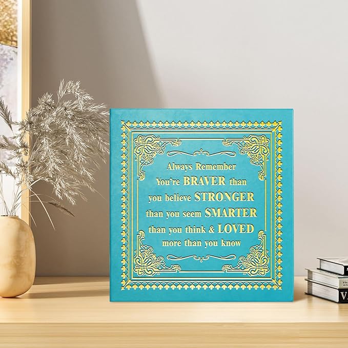 Inspirational Leather Photo Album,Magnetic Self-Stick Page Photo Album,Family Album,Hand Made DIY Albums Holds 3x5, 4x6, 5x7, 6x8 Photos (light blue-always remember)-BubblyBeeBaby