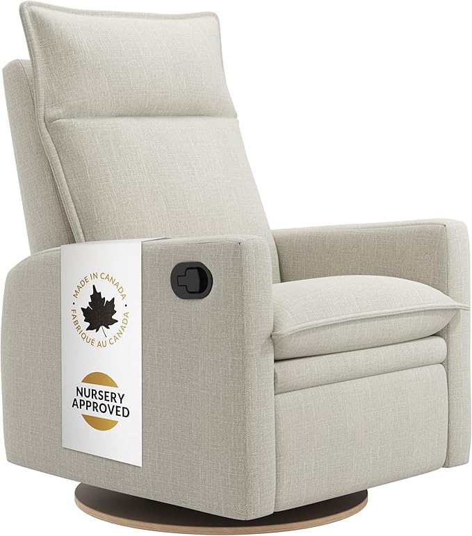 Jaymar Arya Modern Nursery Glider Recliner Chair – Cozy Nursing Chair with 360° Swivel for New Parents, Gentle Motion, Compact Design, High Back & Low Armrests, Canadian Made (Ivory/Nubia Fabric)-BubblyBeeBaby