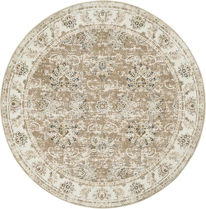 jinchan Round Rug 6ft Area Rug - Taupe Vintage Floor Mat Kitchen Indoor Ultra-Thin Soft Floral Print - Washable Circle 6' Retro Accent for Farmhouse Non Slip Dining Room Living Room Bedroom Office-BubblyBeeBaby