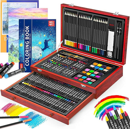 iBayam Art Supplies, 150-Pack Deluxe Wooden Art Set Crafts Drawing Painting Kit with 2 -Sketch Pads, 1-Coloring Book, Gift Box for Kids Adults Artist Beginners Teens Girls Boys 5 6 7 8 9 10 11 12-BubblyBeeBaby