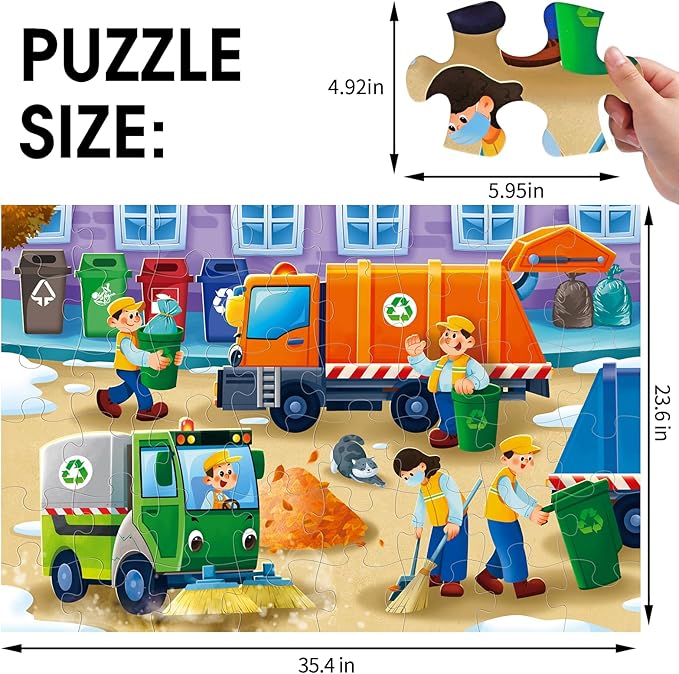 Jumbo Floor Puzzle for Kids,Recycling Garbage Truck Jigsaw Large Puzzles,48 Piece Trash Truck Vehicle Puzzle for Toddler Ages 3-5,Children Learning Preschool Educational Toys,Gift for 4-8 Years Old-BubblyBeeBaby