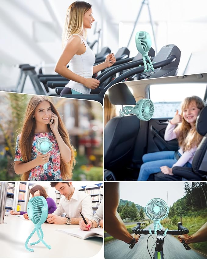 Stroller Fan Clip on for Baby, 4000mAh Rechargeable Battery Operated, Flexible Tripod, 3 Wind Speed, 360° Rotatable, Small Cooling Portable Fan for Car Seat Crib Bike Travel Beach, Blue-BubblyBeeBaby