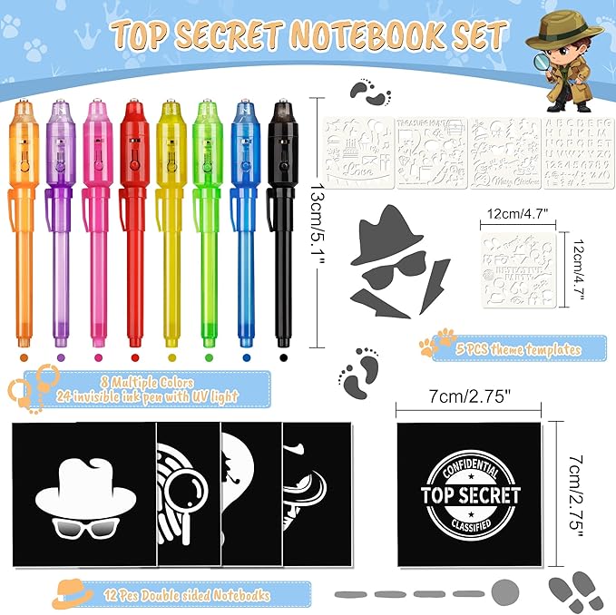 Invisible Ink Pen 24Pcs+ Notebooks, Spy Pens with UV Light, Magic Marker, Classroom Prize, Birthday Party Favors for Kids 8-12, Kids Stocking Stuffers-BubblyBeeBaby