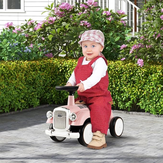 HONEY JOY Ride On Push Car, Outdoor Toddler Riding Toys w/Steering Wheel, Horn & Storage, Foot-to-Floor Sliding Car, No Batteries, Retro Baby Ride On Toys for Boys and Girls (Pink)-BubblyBeeBaby