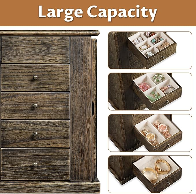 Jewelry Box for Women, 5 Layer Large Wood Jewelry Boxes & Organizers for Necklaces Earrings Rings Bracelets, Rustic Jewelry Organizer Box with Drawers and Mirror(Vintage)-BubblyBeeBaby