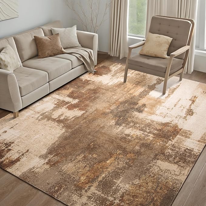 Kelarea Living Room Rug, 8x10 Rug Modern Abstract Washable Rugs Brown Faux Wool Vintage Carpet, Non Slip Rugs for Bedroom, Dining Room, College Dorm, Kids Playroom, Home Office-BubblyBeeBaby