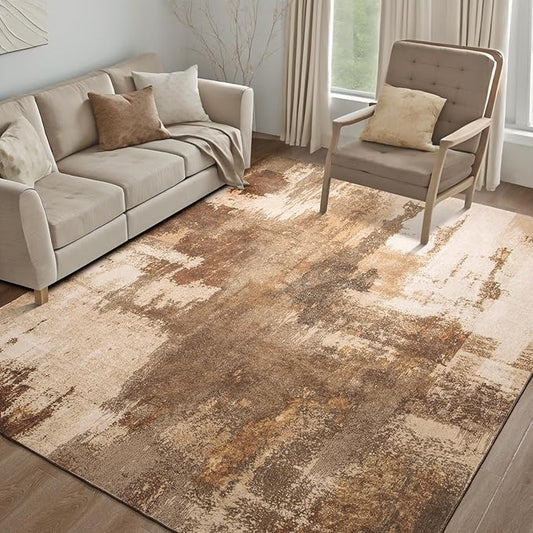 Kelarea Living Room Rug, 6x9 Rug Modern Abstract Washable Rugs Brown Faux Wool Vintage Carpets, Non Slip Rug for Bedroom, Dining Room, College Dorm, Kids Playroom, Home Office-BubblyBeeBaby