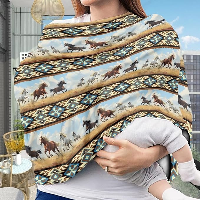 Binienty Car Seat Covers Canopy Cover for Babies, Western Aztec Horse Nursing Carseat Canopy Multifunction Breastfeeding Covers Fits Stroller, High Chair, Shopping Cart-BubblyBeeBaby
