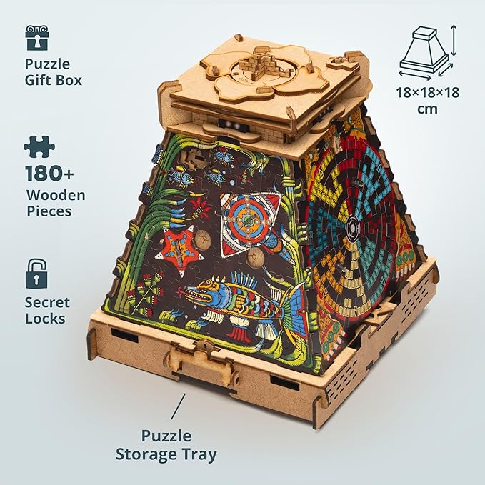 iDventure Cluepuzzle Pyramid of The Sun | Puzzle Box with Jigsaw Puzzle | Escape Room Game | Treasure Box | 3D Wooden Puzzle | Sequential Puzzles Puzzle Box Adults and 10+ | Money Gift Box-BubblyBeeBaby