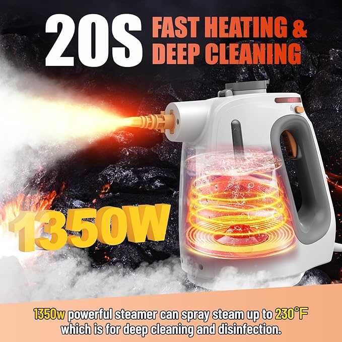 Heavy Duty Handheld Steam Cleaner for Cleaning with Lockable Steam Button&11pcs Accessories, Unlimited Water Addition for Continuous Steaming, Multi-Purpose Steamer for Cleaning Car, Grout (grey)-BubblyBeeBaby