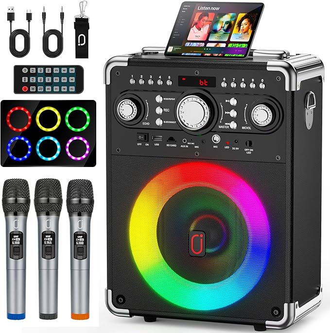 Karaoke Machine with 3 Wireless Microphones for Adults, Portable Bluetooth Party Speaker with Echo Adjustment, Singing Machine Support TWS/USB/TF Card/Guitar/TV Connected for Outdoor/Events etc-BubblyBeeBaby