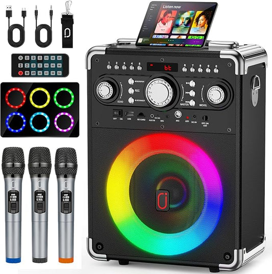 Karaoke Machine with 3 Wireless Microphones for Adults, Portable Bluetooth Party Speaker with Echo Adjustment, Singing Machine Support TWS/USB/TF Card/Guitar/TV Connected for Outdoor/Events etc-BubblyBeeBaby