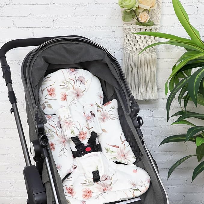 Infant Car Seat Insert and Strap Covers, Very Soft Car Seat Head Support Baby Girl Boy, Reversible Newborn Carseat Insert Cushion Fits for Stroller, Baby Swing, Bouncer (White Flower)-BubblyBeeBaby