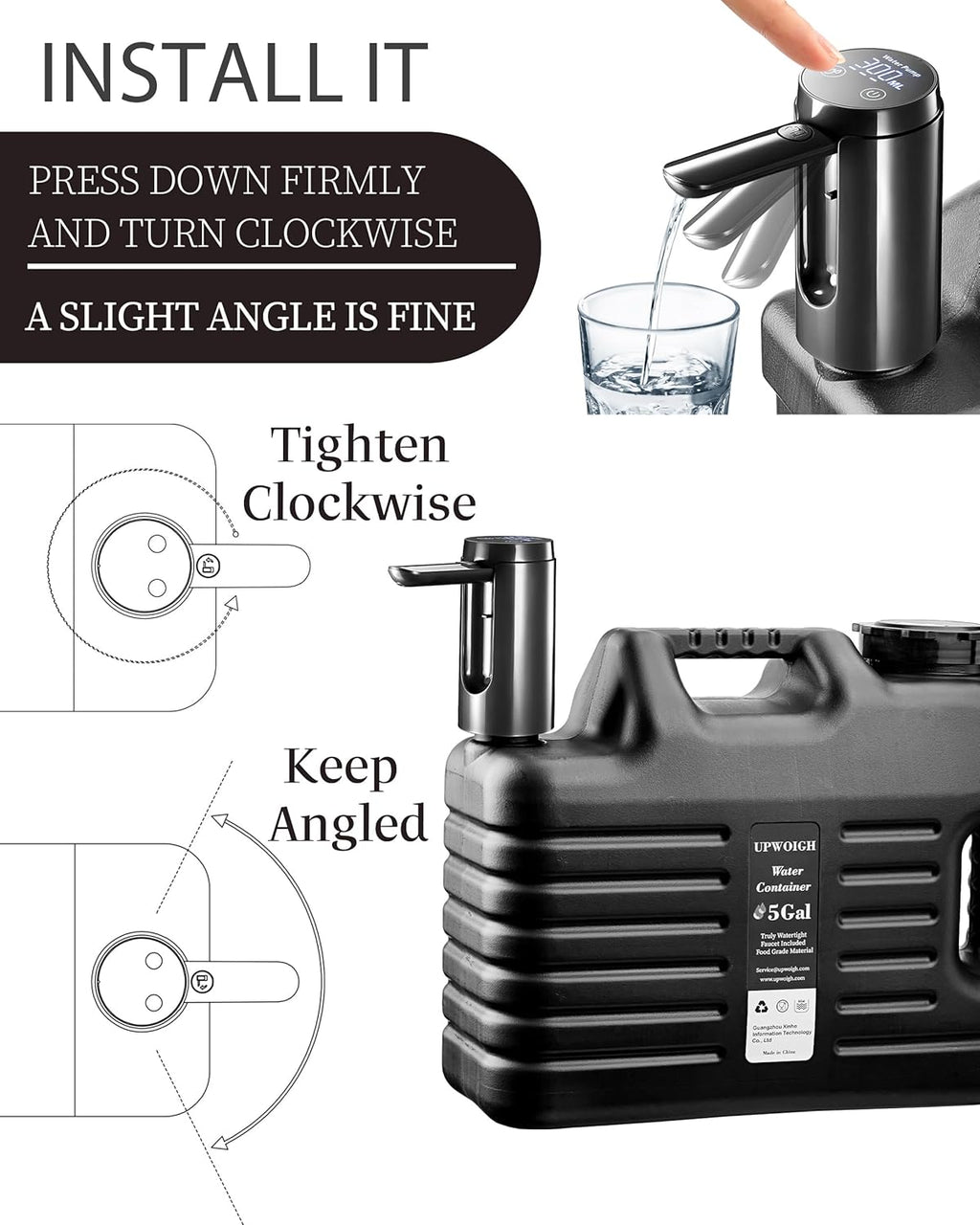 Portable 5 Gallon Water Jug with Automatic Touch Control Pump,Truly No Leakage Water Container with Spigot,Type-C Rechargeable Black Water Pump Gear for Outdoors Camping Hiking