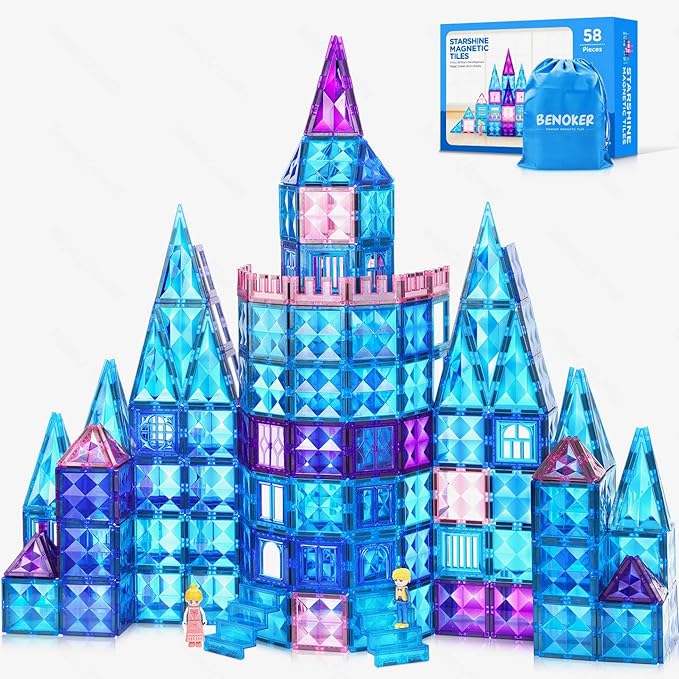 Ice Castle Magnetic Tiles-Sparkling Building Blocks, 3D Educational Toys for Kids, Construction STEM Toys for 3 4 5 6 7 8 Year Olds, Birthday Gift for Boys and Girls-BubblyBeeBaby