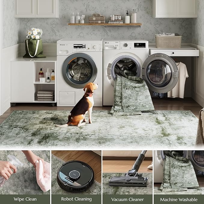 jinchan Green Runner Rug 2x5 - Machine Washable Vintage Floral Distressed Design Non-Slip Low-Pile Soft Thin Carpet for Hallway Kitchen Farmhouse Bedroom Entryway Laundry (2x5ft,Forest Green)-BubblyBeeBaby