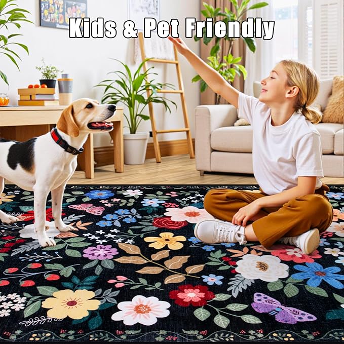 10x12 Area Rugs for Living Room: Floral Washable Rug Vintage Large Soft Boho Non-Slip Carpet Stain Resistant Low Pile Carpets for Bedroom Dining Room Farmhouse Nursery Hallway Home Office Black-BubblyBeeBaby