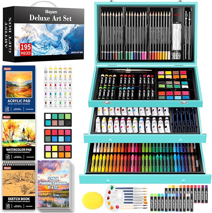 iBayam Arts and Crafts Kits for Kids Teens Girls Boys Adult, 195-Pack Deluxe Art Set Box with 3 PCS Drawing Pads, Canvases, Acrylic Painting, Drawing & Art Supplies for Pumpkin, Halloween, Christmas-BubblyBeeBaby