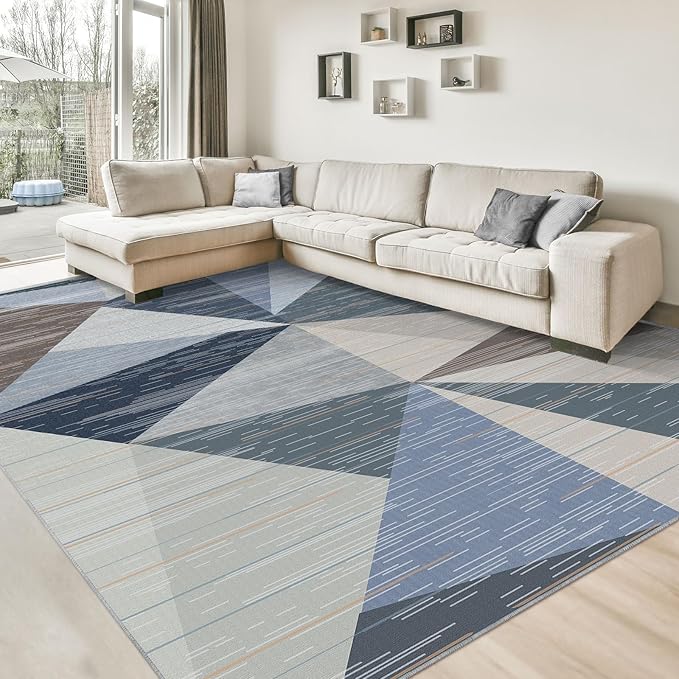 HOMFINE Washable Modern Area Rug - Geometric 10x14 Rugs for Living Room, Bedroom, Machine Washable Rug Soft Non Slip Non Shedding Area Rug - Blue, 10'x14'-BubblyBeeBaby