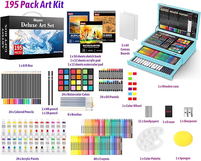 iBayam Art Set for Kids Teens Girls Boys Adult, 195-Pack Deluxe Artist Gift Box with 3 PCS Drawing Pads, A4 Canvases, Arts and Crafts Kits, Painting, Drawing & Art Supplies with 24 Color Acrylic Paint-BubblyBeeBaby
