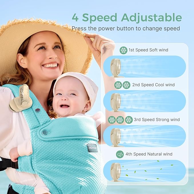 Momcozy Portable Fan with Clip | 4-Speed Mini-Fan for Carrier | Personal Fans Ultra Lighter 0.26lb | Gaps ≤4.5mm | Handheld Cooling | Rechargeable Rotate for Diaper Backpack/Stroller/Carrier/Chair-BubblyBeeBaby